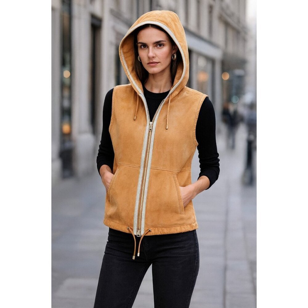 YOGO by Goes Goat Suede Hooded Vest Tan Leather Sleeveless Jacket Size 40
